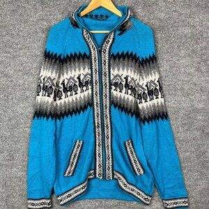 ARTESANIAS APAZA ALPACA Women’s Peru blue‎ Hooded Full Zip Sweater Large
